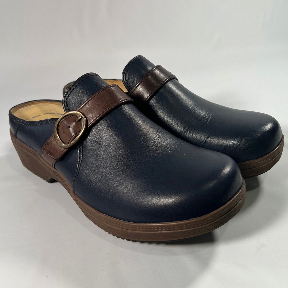 Samuel Hubbard Cascade Navy‎ Blue Leather Clogs Mules Buckle Womens 8.5 Comfort